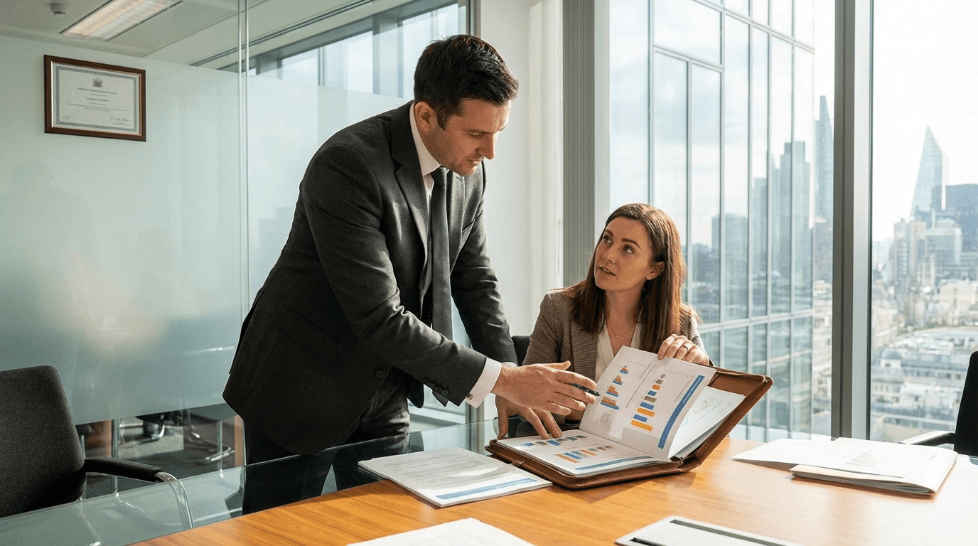 Financial adviser presenting a pension audit report to a client